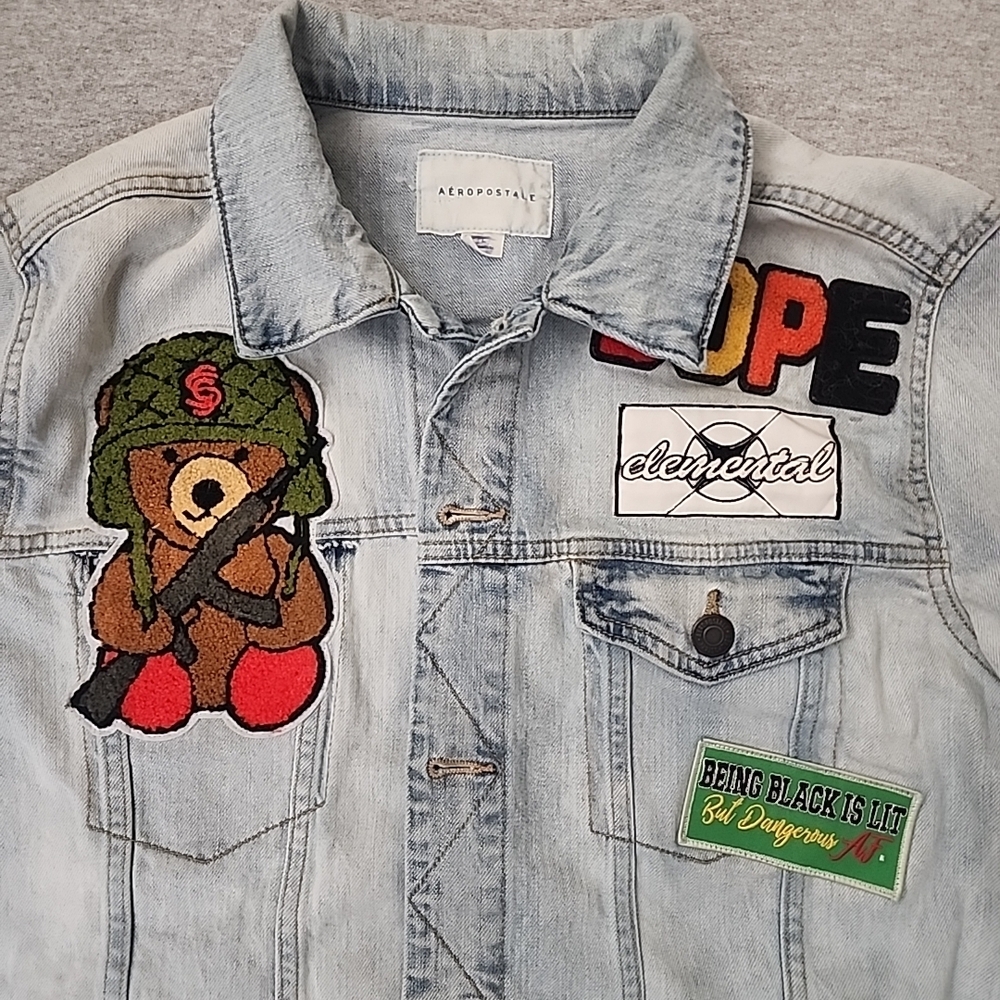 Aeropostale Light Blue Denim Jacket with Bear and Patch Accents